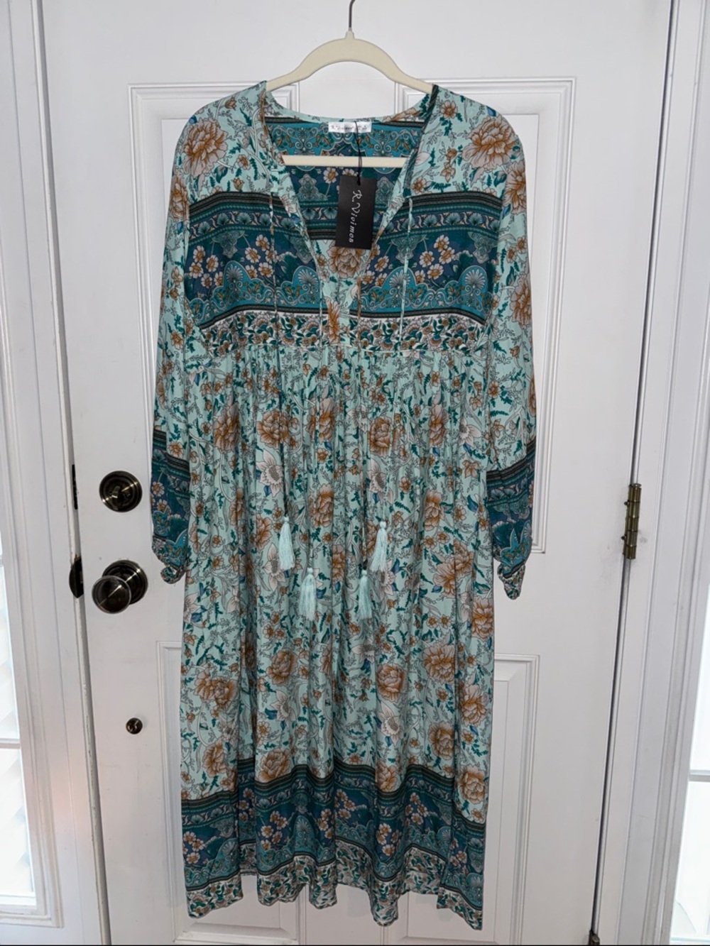 Boho Floral Midi to Maxi Dress in Teal and Cream